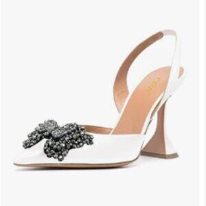 YDN White Bowknots Pumps Elastic Backstrap Studded Slingback Slip On Sandals